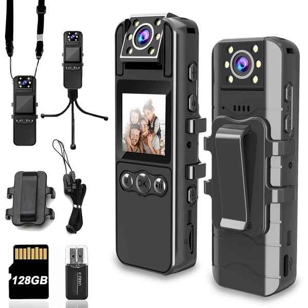 Body Camera with Audio and Video Recording, HD 1080P Body Cam with 180° Rotating Lens, 6HR Battery, IR Cut Auto Night Vision, 128GB Body Worn Camcorder, for Personal Civilians, Police Law Enforcement