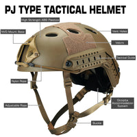 Guayma Airsoft Tactical Fast Helmet with Mesh Mask Headgear, PJ Type Paintbal Helmet with Multifunctional Protective NVG Mount for CS Game Shooting,Tan,Medium