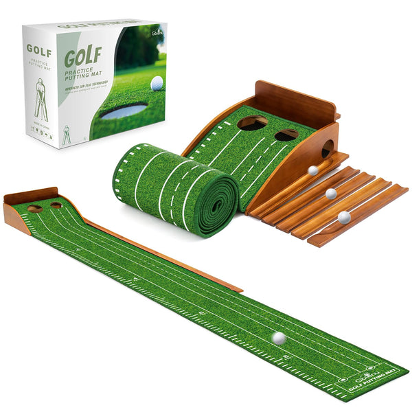 Putting Green Indoor Outdoor Mat: Golf Putting Mat with Durable Solid Wooden Base & Auto Ball Return, Luxurious Velvet Surface with Lay-Flat Technology - Ideal Golf Practice Mat for Home or Office