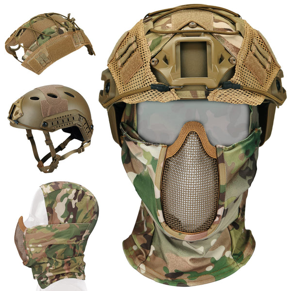 Guayma Airsoft Tactical Fast Helmet with Mesh Mask Headgear, PJ Type Paintbal Helmet with Multifunctional Protective NVG Mount for CS Game Shooting,Tan,Medium