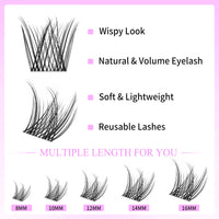 VEYESBEAUTY Lash Clusters Individual Eyelash Extensions Thin & Invisible Band DIY False Eyelashes for Self-application Newbie's Five-Second Series Wispy Lash Tray, LuxeBold 8-16mm Mixed Length