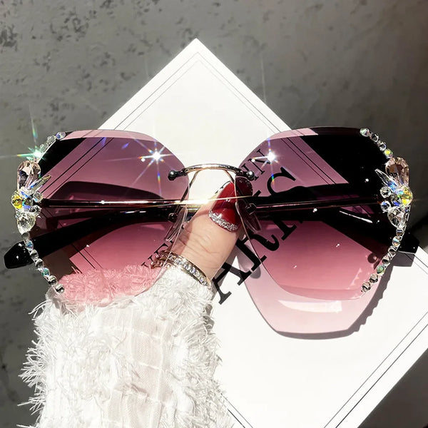 2024 Luxury Brand Design Vintage Rimless Rhinestone Sunglasses.